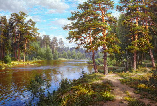 Картина по номерам 40x50 Тихий пейзаж летнего леса у реки