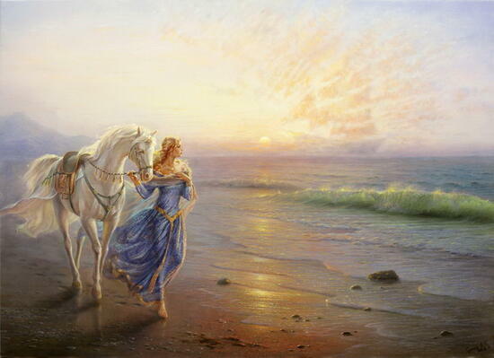 Картина по номерам 40x50 Блондинка с лошадью на берегу моря