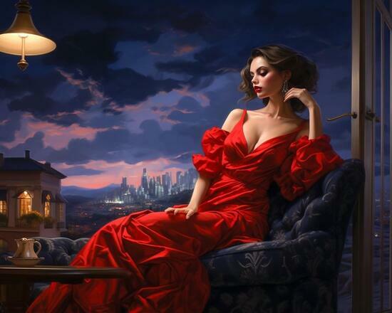 Картина по номерам 40x50 Девушка в красном платье на фоне ночного неба