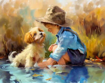 Малыш и щенок играют в реке