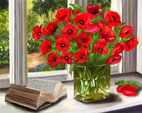 Букет маков и книга на подоконнике