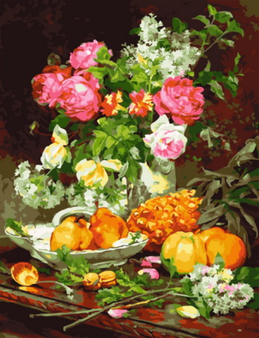 Картина по номерам 40x50 Натюрморт с букетом цветов и фруктами на столе