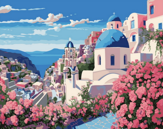 Картина по номерам 40x50 Красивый вид на цветущий Санторине