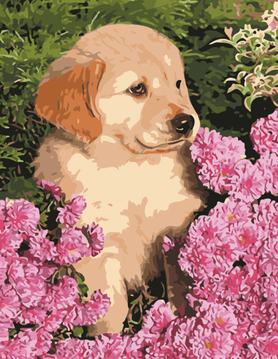 Алмазная мозаика 40x50 Маленький щенок лабрадора среди цветов
