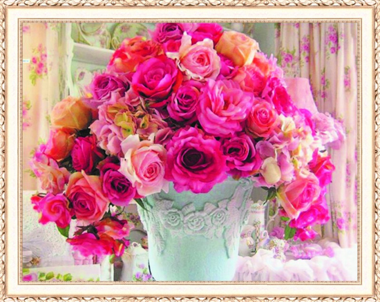 Алмазная мозаика 40x50 Большой букет розовых роз в белой вазе