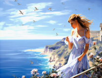 Девушка смотрит на море с утеса